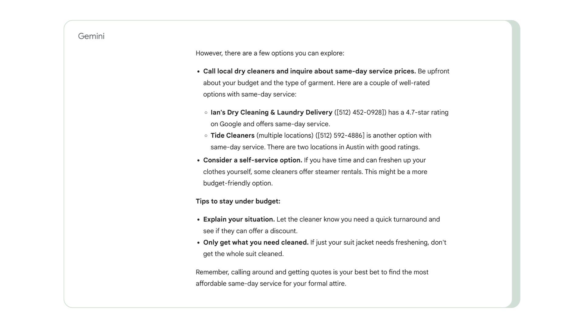 A screenshot of a Gemini result for the query "best quick dry-cleaning with same-day service for formal attire under $100 in Austin."
