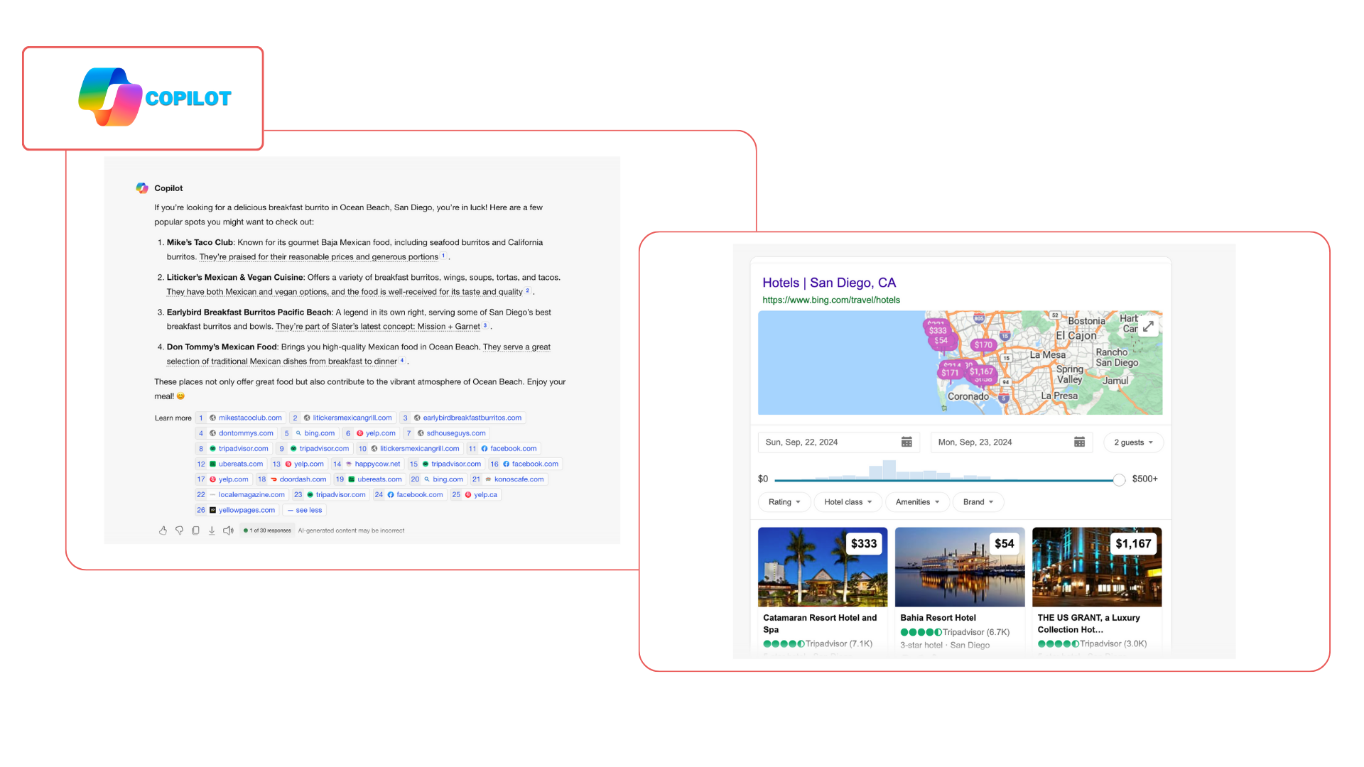 Screenshots of Bing Copilot results showing a bullet list of businesses and individual sources below and a Bing map with price map pins and TripAdvisor listings under the map.